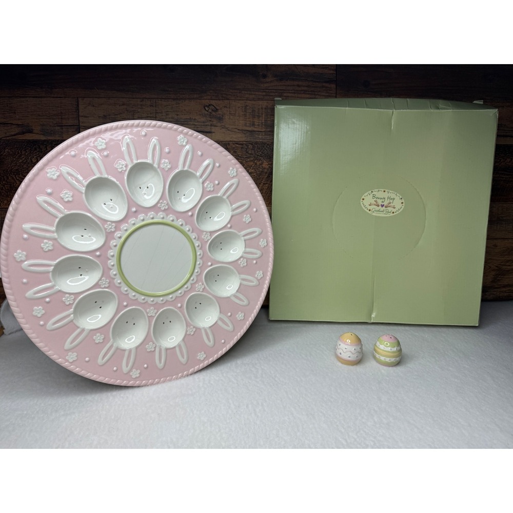Grasslands Road Bunny Hop 461426 Pink Deviled Egg Platter Shaker Set Easter NEW